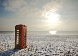 Budka, Telefoniczna, Na, Plaży, Morze, Śnieg