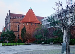 Miasto, Gdańsk, Budynki, Plac, Rzeźba, Drzewo, Ławki