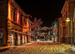 Miasto, Nocą, Śnieg, Dekoracje, Bożonarodzeniowe