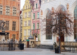 Gdańsk, Stare Miasto, Dwór Artusa, Posąg, Posejdon, Zabytkowe, Kamienice