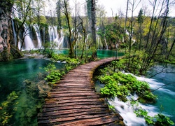 Wodospad, Jezioro, Pomost, Plitvice, Chorwacja