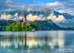 Góry, Jezioro, Bled, Kościół, Zamek, Słowenia