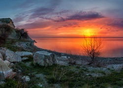 Kamienie, Zachód, Słońca, Jezioro