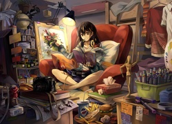 Dziewczyna, Pokój, Obraz, Anime