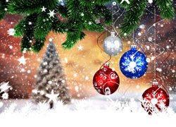 Boże Narodzenie, Dekoracje, Bombki, Gwiazdki, Choinka, Śnieg