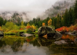 Jesień, Jezioro, Las, Mgła, Kamienie