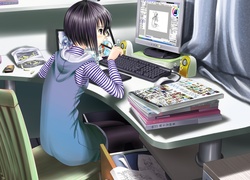 Dziewczyna, Krzesło, Biurko, Książki, Komputer, Manga, Anime