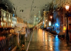 Miasto, Deszcz, Kobieta, Parasol