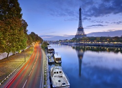 Francja, Paryż, Rzeka, Statki, Droga, Drzewa, Wieża ,Eiffla