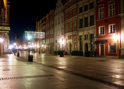 Miasto, Gdańsk, Noc, Ulica, Kamienice, Latarnie