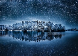 Zima, Rzeka, Drzewa, Niebo, Noc, Gwiazdy