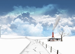 Zima, Śnieg, Pole, Droga, Wiatraki ,Drzewo, Budynek, Chmury