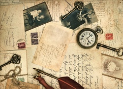 Listy, Zegarek Kieszonkowy, Klucze, Pióra, Vintage