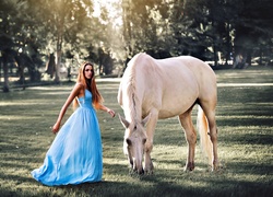 Kobieta, Niebieska, Sukienka, Biały, Koń