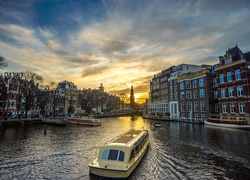 Holandia, Amsterdam, Domy, Statki, Rzeka, Wschód, Słońca