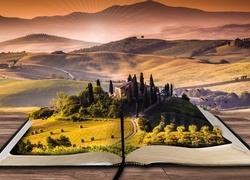 Książka, Krajobraz, Włochy, Toskania, Grafika