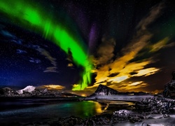 Norwegia, Zorza Polarna, Góry, Jezioro, Noc
