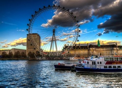 London Eye, Tamiza, Statki, Chmury, Londyn, Anglia