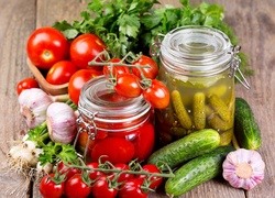 Pomidory, Ogórki, Czosnek, Cebula, Warzywa, Przetwory, Słoiki