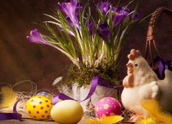 Wielkanoc, Jajka, Kwiaty, Krokusy, Figurka, Pióra