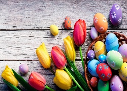 Tulipany, Jajka, Wielkanocne, Koszyk, Ławka
