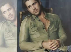 Colin Farrell,złoty łańcuch, zielona koszula