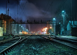 Dworzec, Kolejowy, Tory, Noc, Oświetlenie