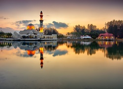 Meczet, Minaret, Jezioro, Drzewa, Zachód, Słońca