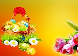 Wielkanoc, Kwiaty, Koszyk, Pisanki