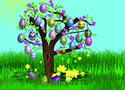 Wielkanoc, Drzewo, Jajka, Trawa, Kwiaty