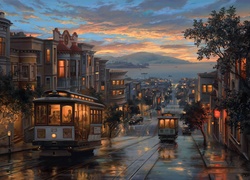 Artystyczne, Miasto, Ulica, Tramwaje, Malarstwo, Evgeny Lushpin