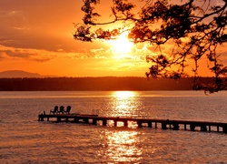 Jezioro, Zachód słońca, Gałęzie, Molo