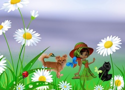 Kwiaty, Pies, Kot, Dziewczynka
