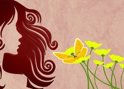 Kobieta, Włosy, Kwiaty, Motyl