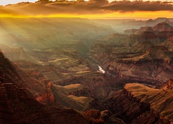 Wielki Kanion, I Rzeka, Kolorado, Chmury, Przebijające, Światło, Arizona, USA