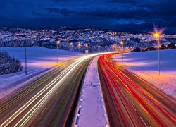 Zima, Droga, Panorama, Trondheim, Nocą, Norwegia