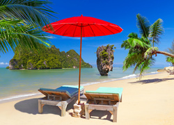 Tajlandia, Morze, Plaża, Leżaki, Parasol, Palmy, Wakacje