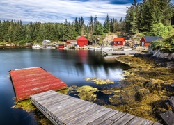 Jezioro, Pomost, Kamienie, Domy, Las, Norwegia