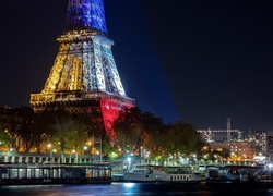 Oświetlona, Wieża Eiffla, Sekwana, Statki, Paryż, Nocą