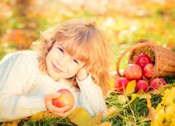 Jesień, Uśmiechnięte, Dziecko, Jabłka