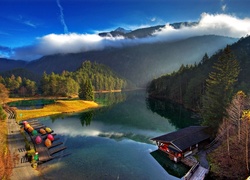 Jezioro, Góry, Łódki, Przystań, Z Lotu Ptaka, Tyrol, Austria