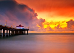 Morze, Molo, Huntington Beach Pier, Zachód słońca, Huntington Beach, Kalifornia, Stany Zjednoczone