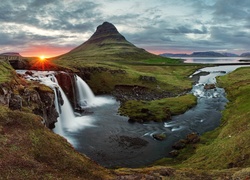 Wodospad, Rzeka, Wschód słońca, Góry, Islandia