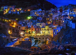 Domy, Manarola, Włochy, Panorama, Miasta, Nocą