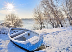 Zima, Śnieg, Łódka, Jezioro, Promienie, Słońca