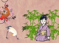 Ryby, Ptak, Dziewczynka, Kimono, Bambusy, Grafika