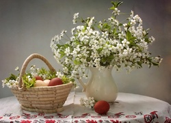 Stół, Wazon, Białe, Kwiatki, Kosz, Jajka