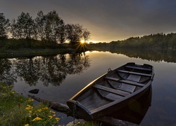 Wschód, Słońca, Świt, Jezioro, Łódka, Drzewa