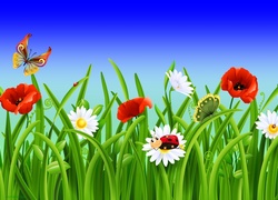 Trawa, Kwiaty, Motylki, Biedronka, 2D