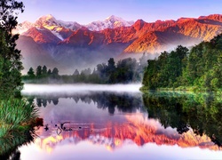 Góry, Las, Jezioro, Mgła, Odbicie, Nowa Zelandia